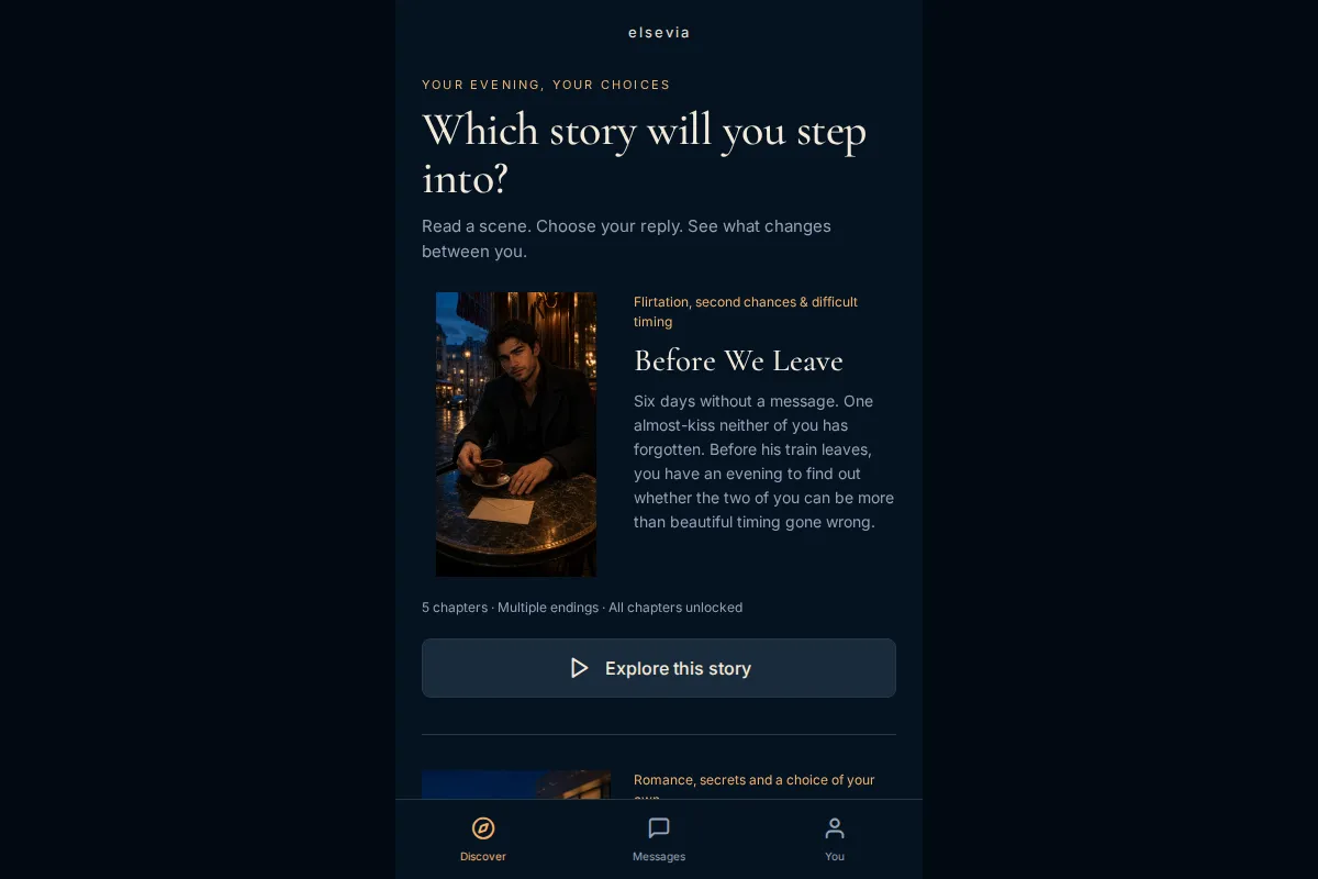 Elsevia: a catalogue of interactive stories with a poster and an Explore this story button