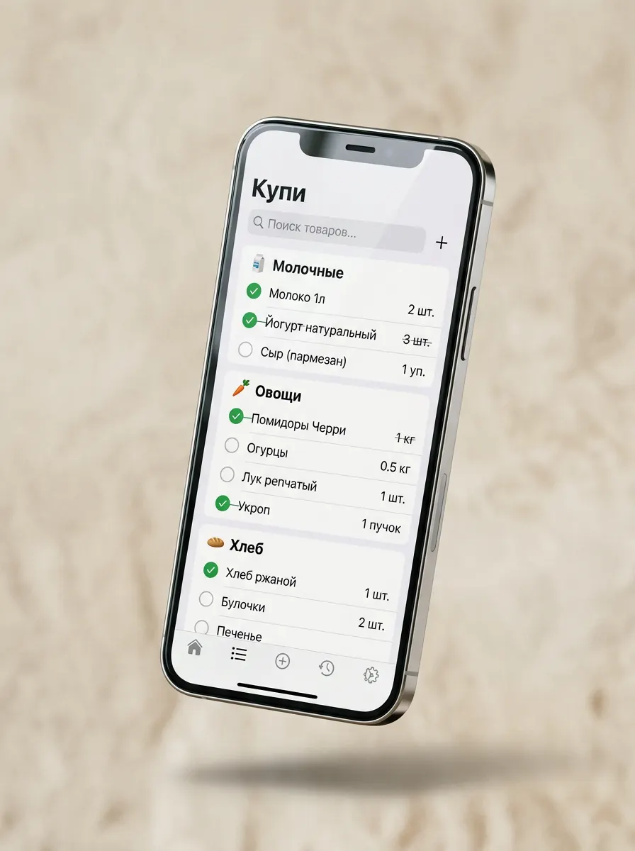 The Kupi app on a phone: a shopping list sorted into categories